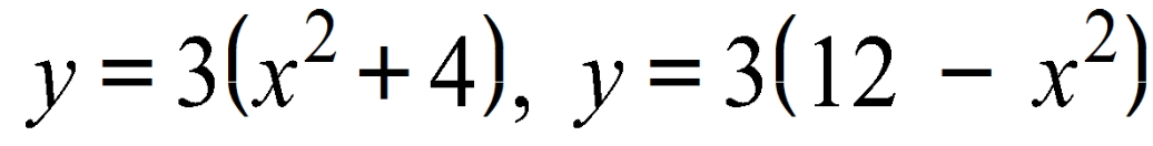 The given image contains two algebraic equations. Here is the transcription:

**Equations:**
1. \( y = 3(x^2 + 4) \)
2. \( y = 3(12 - x^2) \)

**Explanation:**

These equations represent quadratic functions. Each equation is in the form of \( y \) as a function of \( x \).

1. In the first equation, \( y = 3(x^2 + 4) \), the quadratic term is \( x^2 \) and it has a coefficient of 3. Additionally, there is a constant term, 3 times 4, which adds to the value of y.
2. In the second equation, \( y = 3(12 - x^2) \), the quadratic term is also \( x^2 \), but it is subtracted from 12 before being multiplied by 3. This alters the shape and position of the parabolic graph compared to the first equation.

Graphs of these equations would display parabolas:

- The graph of the first equation, \( y = 3(x^2 + 4) \), is an upward-opening parabola due to the positive coefficient in front of \( x^2 \).
- The graph of the second equation, \( y = 3(12 - x^2) \), is a downward-opening parabola because of the negative coefficient when considering the term \( -x^2 \).

These equations can be used to understand the effects of different quadratic components and coefficients on the graph of a function.