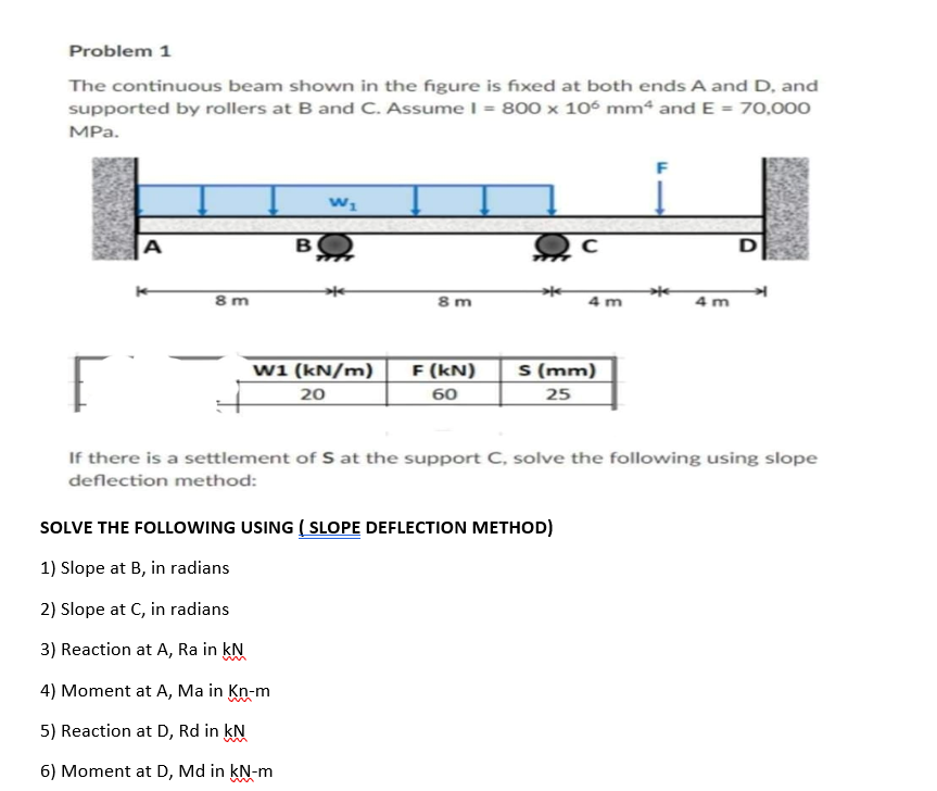 Problem 1
The continuous beam shown in the figure is fixed at both ends A and D, and
supported by rollers at B and C. Assume I = 800 x 106 mm“ and E = 70,000
MPа.
A
B
8m
8m
4 m
4 m
w1 (kN/m)
F (kN)
S (mm)
20
60
25
If there is a settlement of S at the support C, solve the following using slope
deflection method:
SOLVE THE FOLLOWING USING ( SLOPE DEFLECTION METHOD)
1) Slope at B, in radians
2) Slope at C, in radians
3) Reaction at A, Ra in kN
4) Moment at A, Ma in Kn-m
5) Reaction at D, Rd in kN
6) Moment at D, Md in kN-m
