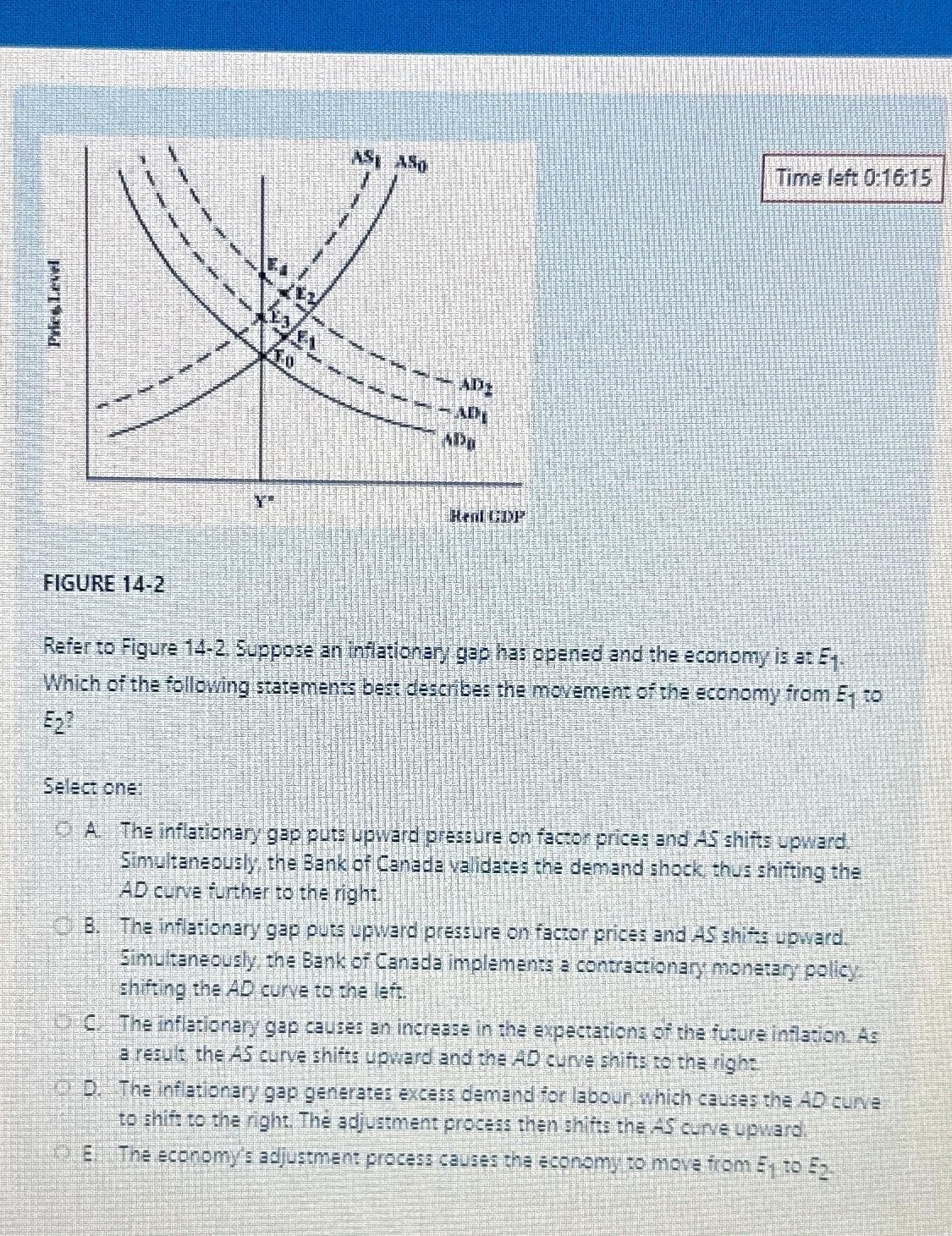 FIGURE 14-2
10/01
430
AST ASO
Alt
ADI
ADD
Heal CDP
Time left 0:16:15
Refer to Figure 14-2. Suppose an inflationary gap has opened and the economy is at ₁.
Which of the following statements best describes the movement of the economy from E₁ to
Select one:
A. The inflationary gap puts upward pressure on factor prices and AS shifts upward.
Simultaneously, the Bank of Canada validates the demand shock, thus shifting the
AD curve further to the right.
B. The inflationary gap puts upward pressure on factor prices and AS shifts upward.
Simultaneously, the Bank of Canada implements a contractionary monetary policy.
shifting the AD curve to the left.
C The inflationary gap causes an increase in the expectations of the future inflation. As
a result, the AS curve shifts upward and the AD curve shifts to the right
D. The inflationary gap generates excess demand for labour, which causes the AD Curve
to shift to the right. The adjustment process then shifts the AS curve upward.
The economy's adjustment process causes the economy to move from ₁ to