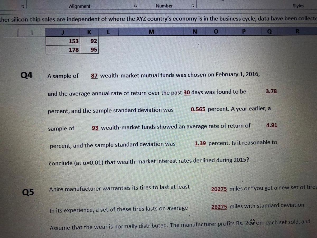 Alignment
Number
Styles
ther silicon chip sales are independent of where the XYZ country's economy is in the business cycle, data have been collecte
K
L.
M
153
92
178
95
Q4
A sample of
87 wealth-market mutual funds was chosen on February 1, 2016,
and the average annual rate of return over the past 30 days was found to be
3.78
percent, and the sample standard deviation was
0.565 percent. A year earlier, a
sample of
93 wealth-market funds showed an average rate of return of
4.91
percent, and the sample standard deviation was
1.39 percent. Is it reasonable to
conclude (at a=0.01) that wealth-market interest rates declined during 2015?
A tire manufacturer warranties its tires to last at least
Q5
20275 miles or "you get a new set of tires
In its experience, a set of these tires lasts on average
26275 miles with standard deviation
Assume that the wear is normally distributed. The manufacturer profits Rs. 20 on each set sold, and
