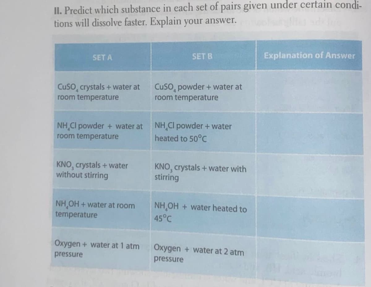 II. Predict which substance in each set of pairs given under certain condi-
tions will dissolve faster. Explain your answer.
SET A
SET B
Explanation of Answer
CusO, crystals + water at
room temperature
CuSO, powder + water at
room temperature
NH,Cl powder + water at
room temperature
NH,Cl powder + water
heated to 50°C
KNO, crystals + water
without stirring
KNO, crystals + water with
stirring
NH,OH + water at room
temperature
NH,OH + water heated to
45°C
Oxygen+ water at 1 atm
Oxygen + water at 2 atm
pressure
pressure
