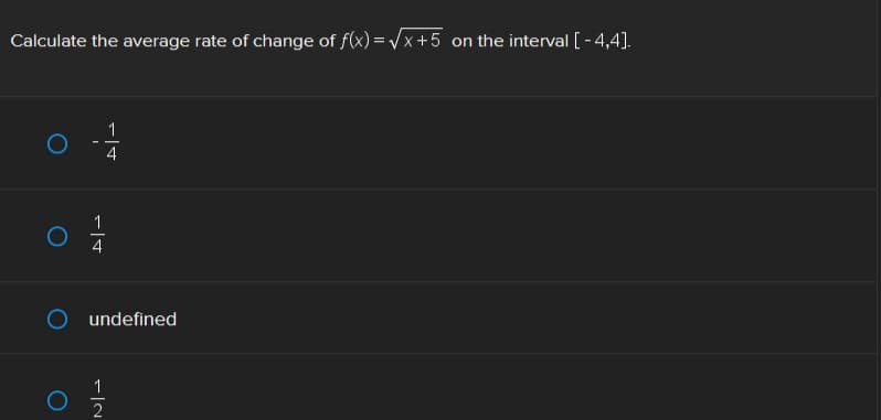 Calculate the average rate of change of f(x)=√√x+5 on the interval [ -4,4].
O
O
= | +
1
undefined
N|→