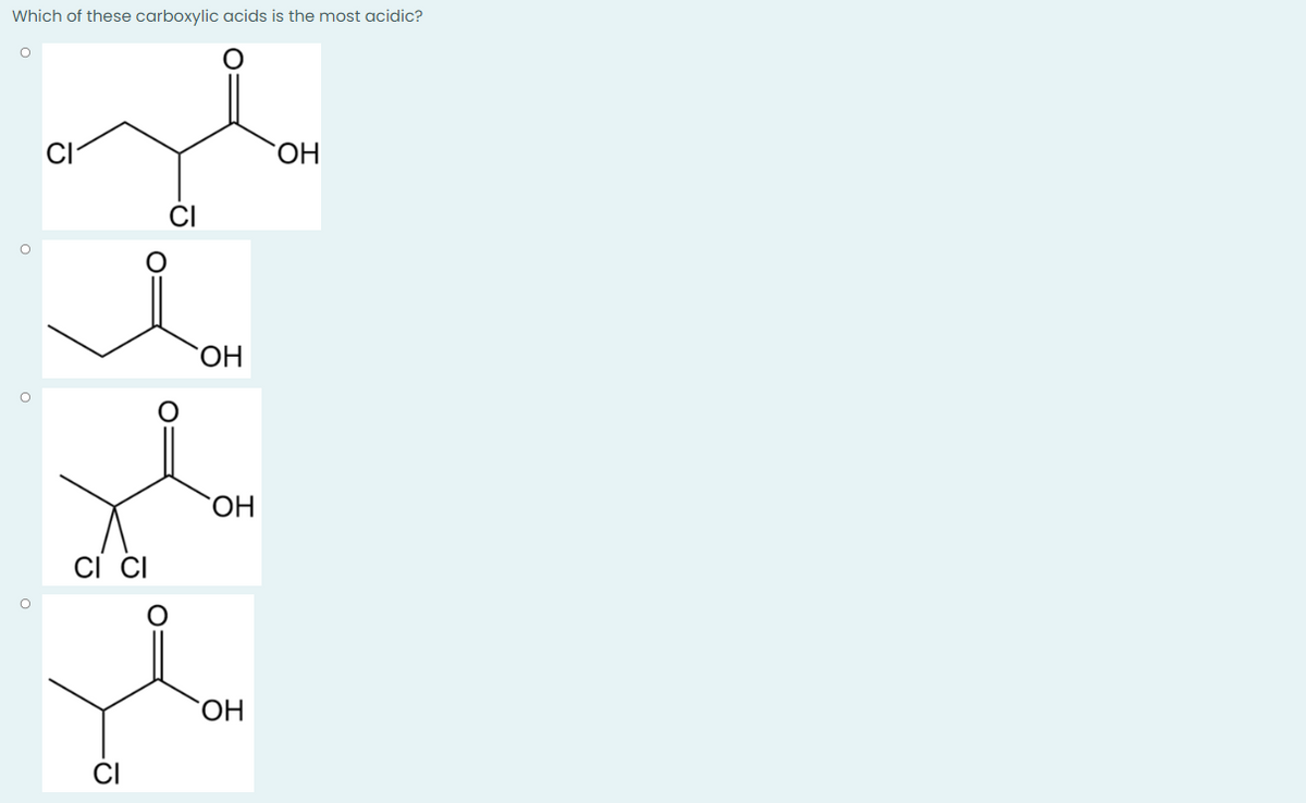 Which of these carboxylic acids is the most acidic?
CI
ОН
CI
о
б
ОН
ОН
ОН