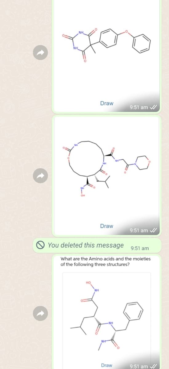 NH.
Draw
9:51 am /
Draw
9:51 am /
You deleted this message
9:51 am
What are the Amino acids and the moieties
of the following three structures?
но
NH
NH
NH
Draw
9:51 am /
