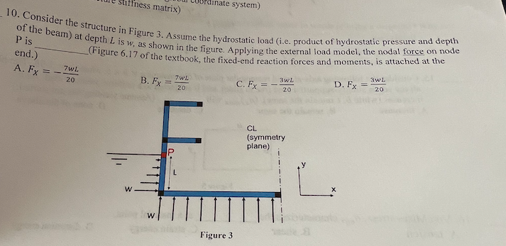 dinate system)
ffness matrix)
10. Consider the structure in Figure 3. Assume the hydrostatic load (i.e. product of hydrostatic pressure and depth
of the beam) at depth L is w, as shown in the figure. Applying the external load model, the nodal force on node
P is
end.)
(igure 6,17 of the textbook, the fixed-end reaction forces and moments, is attached at the
3wl
A. Fx
7wL
3wl
D. Fx
7WL
B. Fx =
C. Fx =
20
20
20
20
CL
(symmetry
plane)
Figure 3
