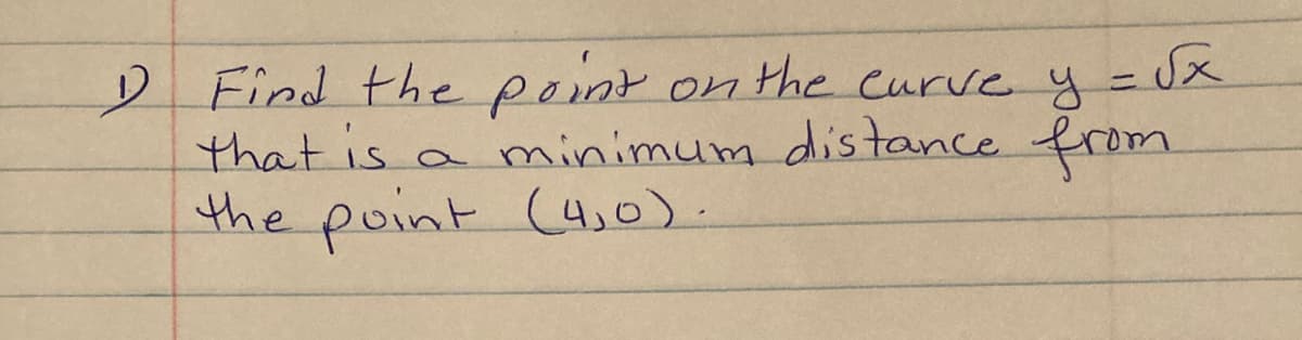 D Find the point on the curve y =Jx
that is
the point (4,0).
%3D
minimum dis tance from.
a
