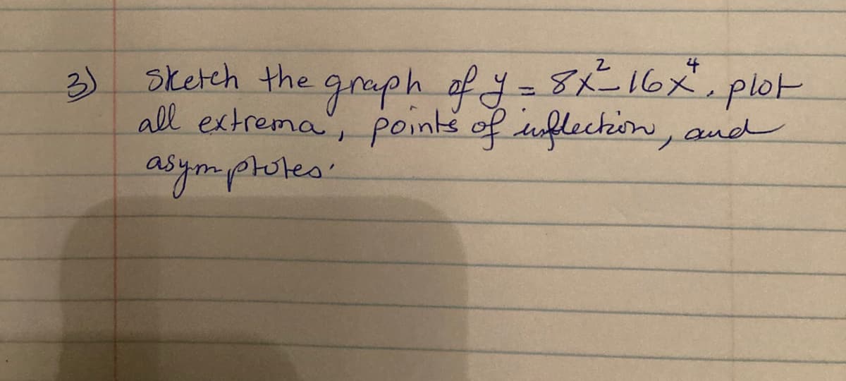 3)
sketch the graph of y= 8K-16x, plot
all extrema", points of uflection, and
asympholes"
