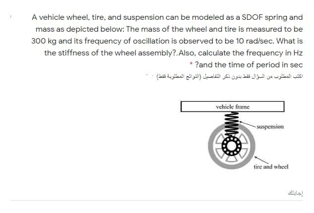 A vehicle wheel, tire, and suspension can be modeled as a SDOF spring and
mass as depicted below: The mass of the wheel and tire is measured to be
300 kg and its frequency of oscillation is observed to be 10 rad/sec. What is
the stiffness of the wheel assembly?. Also, calculate the frequency in Hz
?and the time of period in sec
اكتب المطلوب من السؤال فقط بدون ذكر التفاصيل )التوائج المطلوبة فقط( .
vchicle frame
- suspension
tire and wheel
Www
