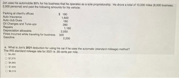 Jon uses his automobile 80% for his business that he operates as a sole proprietorship. He drove a total of 10,000 miles (8,000 business,
2,000 personal) and paid the following amounts for his vehicle:
Parking at client's offices
Auto Insurance
Auto club Dues
Oil Changes and Tune-ups
Repairs
$ 180
1,600
180
280
1,160
Depreciation allowable
2,050
Fines incurred while traveling for business 320
Gasoline
2,200
a. What is Jon's 2021 deduction for using his car if he uses the automatic (standard milleage) method?
The IRS standard mileage rate for 2021 is.56 cents per mile.
O $4,480
Ⓒ$7,970
O $4,660
$7,650
$6,310