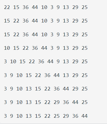 22 15 36 44 10 3 9 13 29 25
15 22 36 44 10 3 9 13 29 25
15 22 36 44 10 3 9 13 29 25
10 15 22 36 44 3 9 13 29 25
3 10 15 22 36 44 9 13 29 25
3 9 10 15 22 36 44 13 29 25
3 9 10 13 15 22 36 44 29 25
3 9 10 13 15 22 29 36 44 25
3 9 10 13 15 22 25 29 36 44