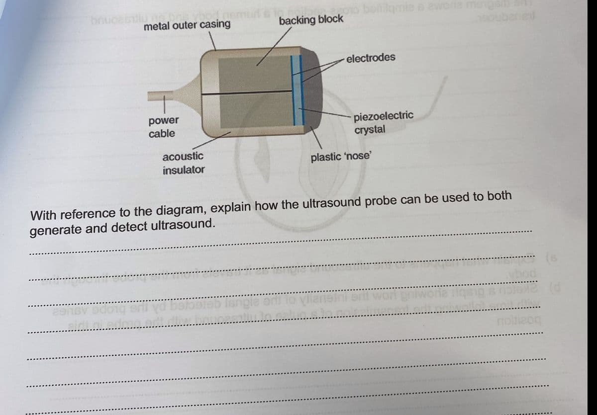 brucesulu as par vbod asmurt is 10
metal outer casing
29
power
cable
edond
sidi al ado
acoustic
insulator
220
2010 boitilqmie s aworte mengsi Sili
backing block
dt.dw.baucesatlu to salun.
electrodes
With reference to the diagram, explain how the ultrasound probe can be used to both
generate and detect ultrasound.
piezoelectric
crystal
plastic 'nose'
nens.
ybod
Am........
nollizoq
(d