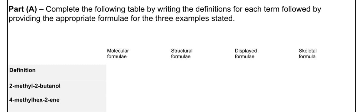 Part (A) - Complete the following table by writing the definitions for each term followed by
providing the appropriate formulae for the three examples stated.
Definition
2-methyl-2-butanol
4-methylhex-2-ene
Molecular
formulae
Structural
formulae
Displayed
formulae
Skeletal
formula