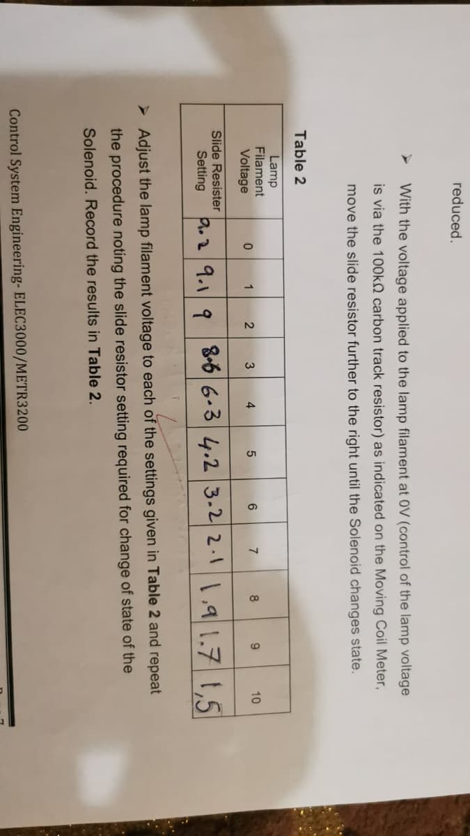 41
reduced.
With the voltage applied to the lamp filament at 0V (control of the lamp voltage
is via the 100kN carbon track resistor) as indicated on the Moving Coil Meter,
move the slide resistor further to the right until the Solenoid changes state.
Table 2
Lamp
Filament
Voltage
2
3
6.
7
10
Slide Resister
Setting
a.2 9.1 9 8-6 6.3 4.2 3.22.11.91.71.5
> Adjust the lamp filament voltage to each of the settings given in Table 2 and repeat
the procedure noting the slide resistor setting required for change of state of the
Solenoid. Record the results in Table 2.
Control System Engineering- ELEC3000/METR3200
