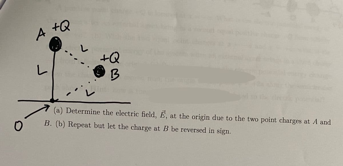 O
+Q
A
L
+Q
B
moyectro
☺
(a) Determine the electric field, E, at the origin due to the two point charges at A and
B. (b) Repeat but let the charge at B be reversed in sign.
potear bu?