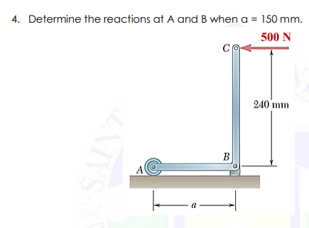 4. Determine the reactions at A and B when a = 150 mm.
500 N
240 mm
В
ATVS
