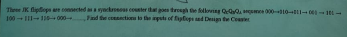 Three JK flipflops are connected as a synchronous counter that goes through the following QcQQA sequence 000-010-011-001-101-
Find the connections to the inputs of flipflops and Design the Counter.
100-111-110-000-