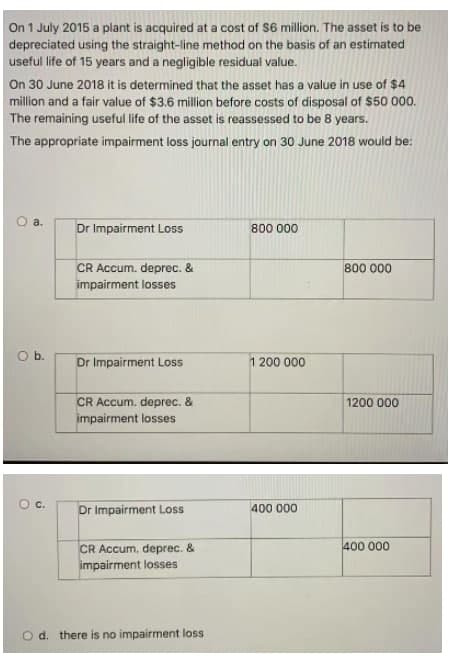 On 1 July 2015 a plant is acquired at a cost of $6 million. The asset is to be
depreciated using the straight-line method on the basis of an estimated
useful life of 15 years and a negligible residual value.
On 30 June 2018 it is determined that the asset has a value in use of $4
million and a fair value of $3.6 million before costs of disposal of $50 000.
The remaining useful life of the asset is reassessed to be 8 years.
The appropriate impairment loss journal entry on 30 June 2018 would be:
O a.
Dr Impairment Loss
800 000
CR Accum. deprec. &
800 000
impairment losses
Ob.
Dr Impairment Loss
1 200 000
CR Accum. deprec. &
1200 000
impairment losses
Oc.
Dr Impairment Loss
400 000
CR Accum, deprec. &
impairment losses
400 000
Od. there is no impairment loss
