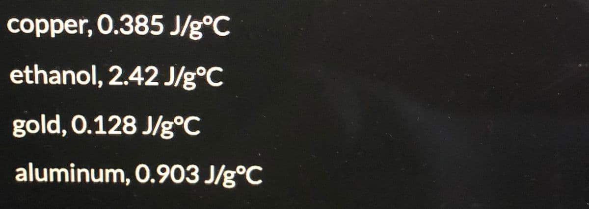 copper, 0.385 J/g°C
ethanol, 2.42 J/g°C
gold, 0.128 J/g°C
aluminum, 0.903 J/g°C
