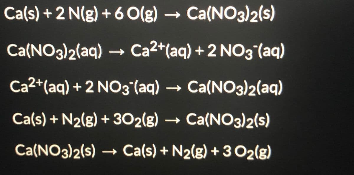 Ca(s) + 2 N(g) + 6 O(g) → Ca(NO3)2(s)
Ca(NO3)2(aq) → Ca2+(aq) + 2 NO3 (aq)
Ca2+(aq) + 2 N03°(aq) →
Ca(NO3)2(aq)
Ca(s) + N2(g) + 302(g) → Ca(NO3)2(s)
Ca(NO3)2(s) → Ca(s) + N2(g) + 3 O2(g)
