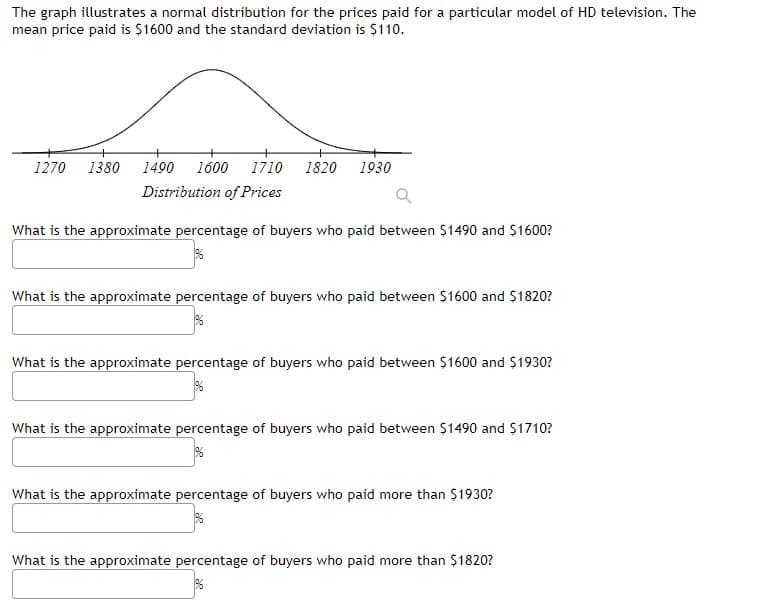 The graph illustrates a normal distribution for the prices paid for a particular model of HD television. The
mean price paid is $1600 and the standard deviation is $110.
1270 1380 1490 1600 1710
1820 1930
Distribution of Prices
What is the approximate percentage of buyers who paid between $1490 and $1600?
What is the approximate percentage of buyers who paid between $1600 and $1820?
%
What is the approximate percentage of buyers who paid between $1600 and $1930?
What is the approximate percentage of buyers who paid between $1490 and $1710?
What is the approximate percentage of buyers who paid more than $1930?
%6
What is the approximate percentage of buyers who paid more than $1820?