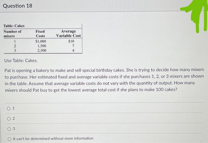 Question 18
Table: Cakes
Number of
mixers
1
2
3
01
Fixed
Costs
02
$1,000
1,500
2,500
Average
Variable Cost
$10
Use Table: Cakes.
Pat is opening a bakery to make and sell special birthday cakes. She is trying to decide how many mixers
to purchase. Her estimated fixed and average variable costs if she purchases 1, 2, or 3 mixers are shown
in the table. Assume that average variable costs do not vary with the quantity of output. How many
mixers should Pat buy to get the lowest average total cost if she plans to make 100 cakes?
7
4
It can't be determined without more information.