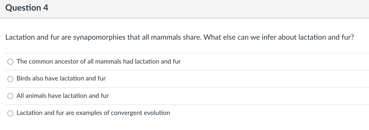 Question 4
Lactation and fur are synapomorphies that all mammals share. What else can we infer about lactation and fur?
O The common ancestor of all mammals had lactation and fur
Birds also have lactation and fur
All animals have lactation and fur
O Lactation and fur are examples of convergent evolution
