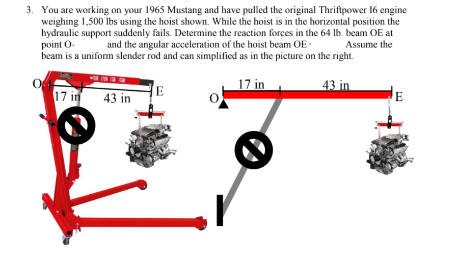 3. You are working on your 1965 Mustang and have pulled the original Thriftpower I6 engine
weighing 1,500 Ibs using the hoist shown. While the hoist is in the horizontal position the
hydraulic support suddenly fails. Determine the reaction forces in the 64 lb. beam OE at
point O.
beam is a uniform slender rod and can simplified as in the picture on the right.
and the angular acceleration of the hoist beam OE ·
Assume the
17 in
43 in
E
17 in
43 in
E
