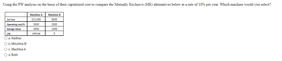 Using the PW analysis on the basis of their capitalized cost to compare the Mutually Exclusive (ME) alternatives below at a rate of 10% per year. Which machine would you select?
Machine A
Machine B
1st Cost
$12,000
8000
Operating cost/Yr
3500
2500
Salvage Value
3500
1000
Life
infinite
5
O a. Neither
O b. MAchine B
O c. Machine A
O d. Both
