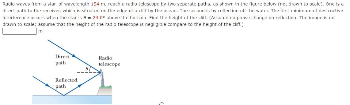 Radio waves from a star, of wavelength 154 m, reach a radio telescope by two separate paths, as shown in the figure below (not drawn to scale). One is a
direct path to the receiver, which is situated on the edge of a cliff by the ocean. The second is by reflection off the water. The first minimum of destructive
interference occurs when the star is e = 24.0° above the horizon. Find the height of the cliff. (Assume no phase change on reflection. The image is not
drawn to scale; assume that the height of the radio telescope is negligible compare to the height of the cliff.)
Direct
Radio
path
telescope
Reflected
path
