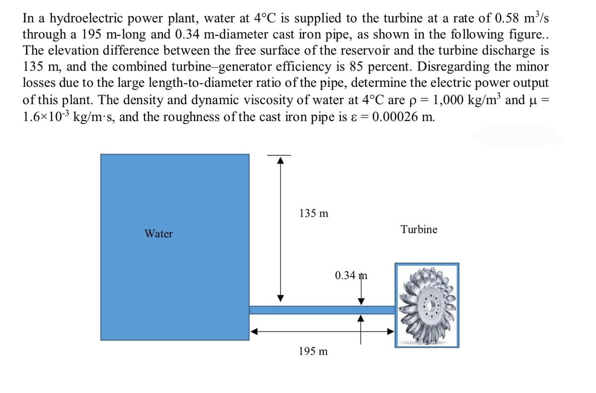 In a hydroelectric power plant, water at 4°C is supplied to the turbine at a rate of 0.58 m³/s
through a 195 m-long and 0.34 m-diameter cast iron pipe, as shown in the following figure..
The elevation difference between the free surface of the reservoir and the turbine discharge is
135 m, and the combined turbine-generator efficiency is 85 percent. Disregarding the minor
losses due to the large length-to-diameter ratio of the pipe, determine the electric power output
of this plant. The density and dynamic viscosity of water at 4°C are p = 1,000 kg/m³ and μ =
1.6×10-³ kg/m-s, and the roughness of the cast iron pipe is & 0.00026 m.
=
Water
135 m
195 m
0.34 m
Turbine