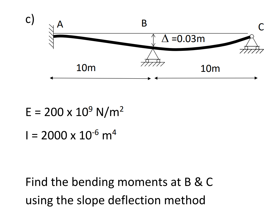 c)
777777
A
10m
E = 200 x 10⁹ N/m²
| = 2000 x 10-6 m4
B
A =0.03m
10m
Find the bending moments at B & C
using the slope deflection method
C