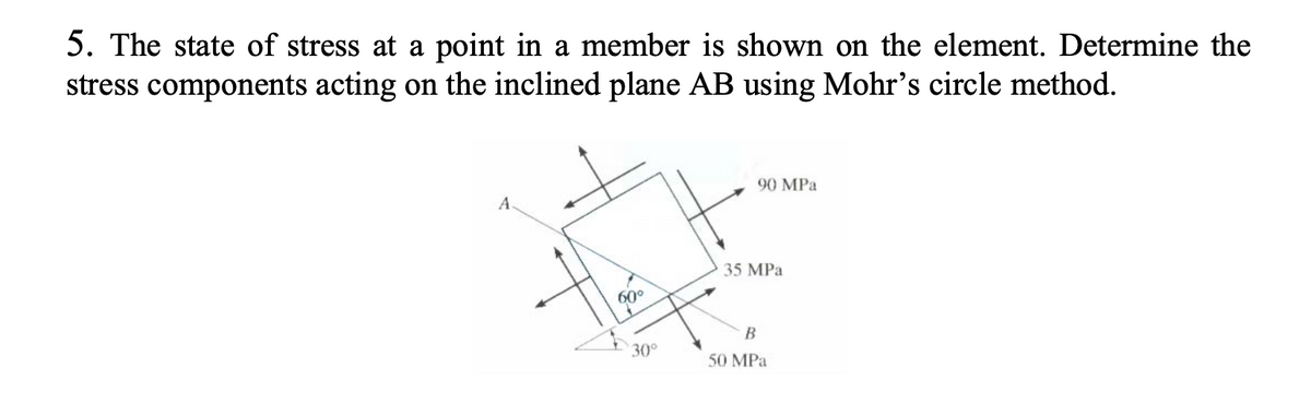 5. The state of stress at a point in a member is shown on the element. Determine the
stress components acting on the inclined plane AB using Mohr's circle method.
A
60°
30°
90 MPa
35 MPa
B
50 MPa