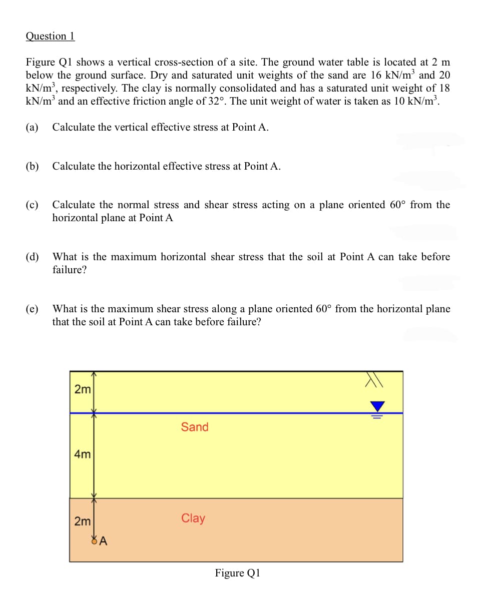 Question 1
Figure Q1 shows a vertical cross-section of a site. The ground water table is located at 2 m
below the ground surface. Dry and saturated unit weights of the sand are 16 kN/m³ and 20
kN/m³, respectively. The clay is normally consolidated and has a saturated unit weight of 18
kN/m³ and an effective friction angle of 32°. The unit weight of water is taken as 10 kN/m³.
(a)
(b)
(c)
(d)
(e)
Calculate the vertical effective stress at Point A.
Calculate the horizontal effective stress at Point A.
Calculate the normal stress and shear stress acting on a plane oriented 60° from the
horizontal plane at Point A
What is the maximum horizontal shear stress that the soil at Point A can take before
failure?
What is the maximum shear stress along a plane oriented 60° from the horizontal plane
that the soil at Point A can take before failure?
2m
4m
2m
8A
Sand
Clay
Figure Q1