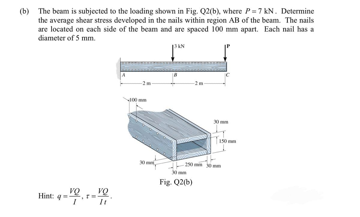 (b)
The beam is subjected to the loading shown in Fig. Q2(b), where P = 7 kN. Determine
the average shear stress developed in the nails within region AB of the beam. The nails
are located on each side of the beam and are spaced 100 mm apart. Each nail has a
diameter of 5 mm.
Hint: q
VQ
9
T
VQ
It
A
2 m
100 mm
30 mm
13 kN
B
-2 m
30 mm
Fig. Q2(b)
P
30 mm
250 mm 30 mm
150 mm