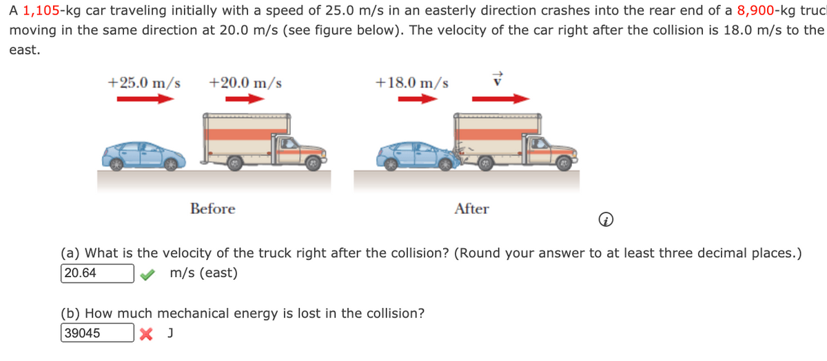 A 1,105-kg car traveling initially with a speed of 25.0 m/s in an easterly direction crashes into the rear end of a 8,900-kg trucl
moving in the same direction at 20.0 m/s (see figure below). The velocity of the car right after the collision is 18.0 m/s to the
east.
+25.0 m/s
+20.0 m/s
+18.0 m/s
Before
After
(a) What is the velocity of the truck right after the collision? (Round your answer to at least three decimal places.)
20.64
m/s (east)
(b) How much mechanical energy is lost in the collision?
39045
X J
