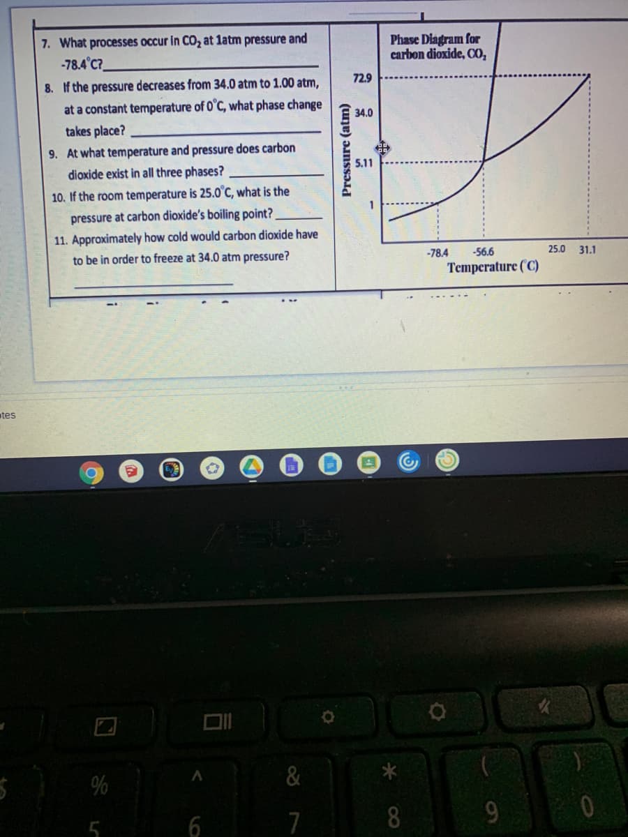 Phase Diagram for
carbon dioxide, CO,
7. What processes occur in CO, at latm pressure and
-78.4°C?
72.9
8. f the pressure decreases from 34.0 atm to 1.00 atm,
at a constant temperature of 0°C, what phase change
34.0
takes place?
9. At what temperature and pressure does carbon
5.11
dioxide exist in all three phases?
10. If the room temperature is 25.0°C, what is the
pressure at carbon dioxide's boiling point?
11. Approximately how cold would carbon dioxide have
to be in order to freeze at 34.0 atm pressure?
-78.4
-56.6
25.0 31.1
Temperature (C)
tes
%
&
5
6
7
8
Pressure (atm)
