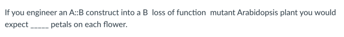 If you engineer an A::B construct into a B loss of function mutant Arabidopsis plant you would
expect
petals on each flower.
