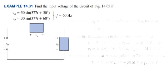 EXAMPLE 14.31 Find the input voltage of the circuit of Fig. 14.65 if
v. = 50 sin(3771 + 30°)
V, = 30 sin(3771 + 60°)
f = 60 Hz
osvol
Jaw, we e
in from the
to the
So
ds
in
V= sin
a to
61
