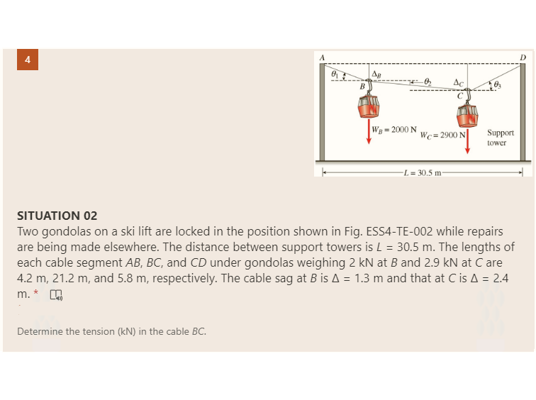 A
Ac
Wg = 2000 N
Wc = 2900 N
Support
tower
L= 30.5 m
SITUATION 02
Two gondolas on a ski lift are locked in the position shown in Fig. ESS4-TE-002 while repairs
are being made elsewhere. The distance between support towers is L = 30.5 m. The lengths of
each cable segment AB, BC, and CD under gondolas weighing 2 kN at B and 2.9 kN at C are
4.2 m, 21.2 m, and 5.8 m, respectively. The cable sag at B is A = 1.3 m and that at C is A = 2.4
m.
Determine the tension (kN) in the cable BC.
