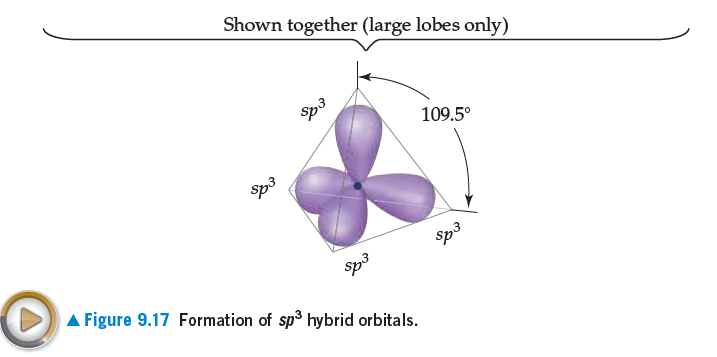 Shown together (large lobes only)
Sp3
109.5°
sp3
Sp3
A Figure 9.17 Formation of sp3 hybrid orbitals.
Sp3
