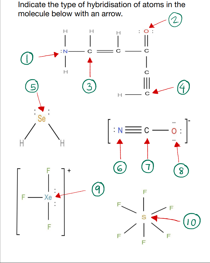 Indicate the type of hybridisation of atoms in the
molecule below with an arrow.
(2)
H
H
: 0:
:N-
5)
3)
H -
Se
:N=
C -
H
H.
F
6.
F
Xe
F.
F
10
F
F
F
F
=O - O
+
