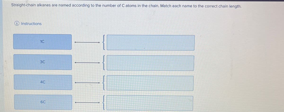 Straight-chain alkanes are named according to the number of C atoms in the chain. Match each name to the correct chain length.
i Instructions
1C
30
4C
6C