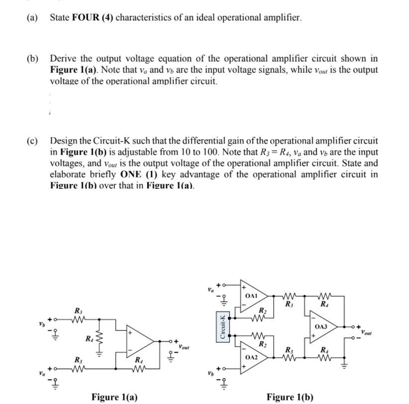 (a)
State FOUR (4) characteristics of an ideal operational amplifier.
(b)
Derive the output voltage equation of the operational amplifier circuit shown in
Figure 1(a). Note that va and vå are the input voltage signals, while vout is the output
voltage of the operational amplifier circuit.
Design the Circuit-K such that the differential gain of the operational amplifier circuit
(c)
in Figure 1(b) is adjustable from 10 to 100. Note that R3= R4, Va and vå are the input
voltages, and vout is the output voltage of the operational amplifier circuit. State and
elaborate briefly ONE (1) key advantage of the operational amplifier circuit in
Figure 1(b) over that in Figure 1(a).
ww
R4
OA1
R3
R3
R2
OA3
V gut
R4
R2
Vout
R3
R4
O42
R3
ww
R4
ww
Figure 1(a)
Figure 1(b)
