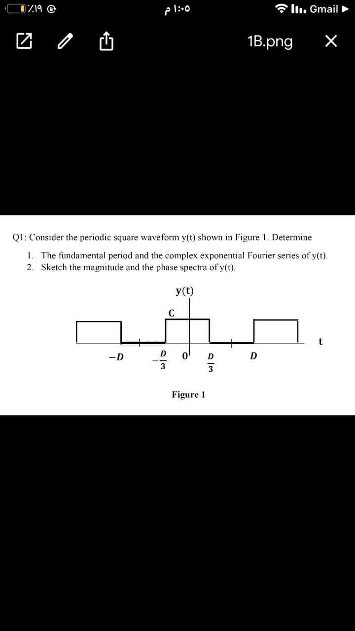 DZ19 @
* ln. Gmail ►
1B.png
Q1: Consider the periodic square waveform y(t) shown in Figure 1. Determine
1. The fundamental period and the complex exponential Fourier series of y(t).
2. Sketch the magnitude and the phase spectra of y(t).
y(t)
t
-D
Figure 1
