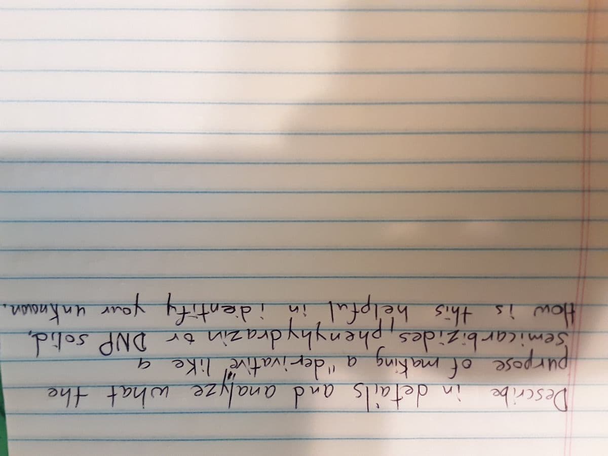 Describe in details and analyze what the
of making a "deri
purpose vative" like a
Semicarbizides, phenyhydrazin or DNP solid,
How is this helpful'in
unknown.
