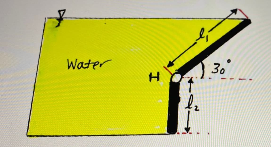 ### Diagram of a Water Tank System

The provided diagram illustrates a water tank system featuring important measurements and angles.

#### Description of the Diagram:

- **Yellow Area**: Represents water inside the tank.
- **Black Line/Arrow Directions**: Indicates the direction and flow path of the water.
- **Labels and Measurements**:
  - **\( l_1 \)**: Denotes the length of the inclined section.
  - **\( l_2 \)**: Represents the vertical length from the axis of the circle to the base.
  - **\( H \)**: Stands for height from the base surface to the water level.
  - **30°**: The angle between the inclined section and a horizontal plane.

#### Key Points:
1. **Water Label**: Positioned within the yellow area, indicating the contents of the tank.
2. **Inclined Section**: The angle of the inclined section from the horizontal plane is 30°.
3. **Measurements**:
   - The slope length of the inclined section is labeled as \( l_1 \).
   - The vertical distance from the axis of the circle to the base is labeled \( l_2 \).
   - The height from the base to the water level is denoted by \( H \).

This diagram is instrumental in understanding the geometry and physical parameters of the water tank system, potentially useful for fluid dynamics or engineering studies.