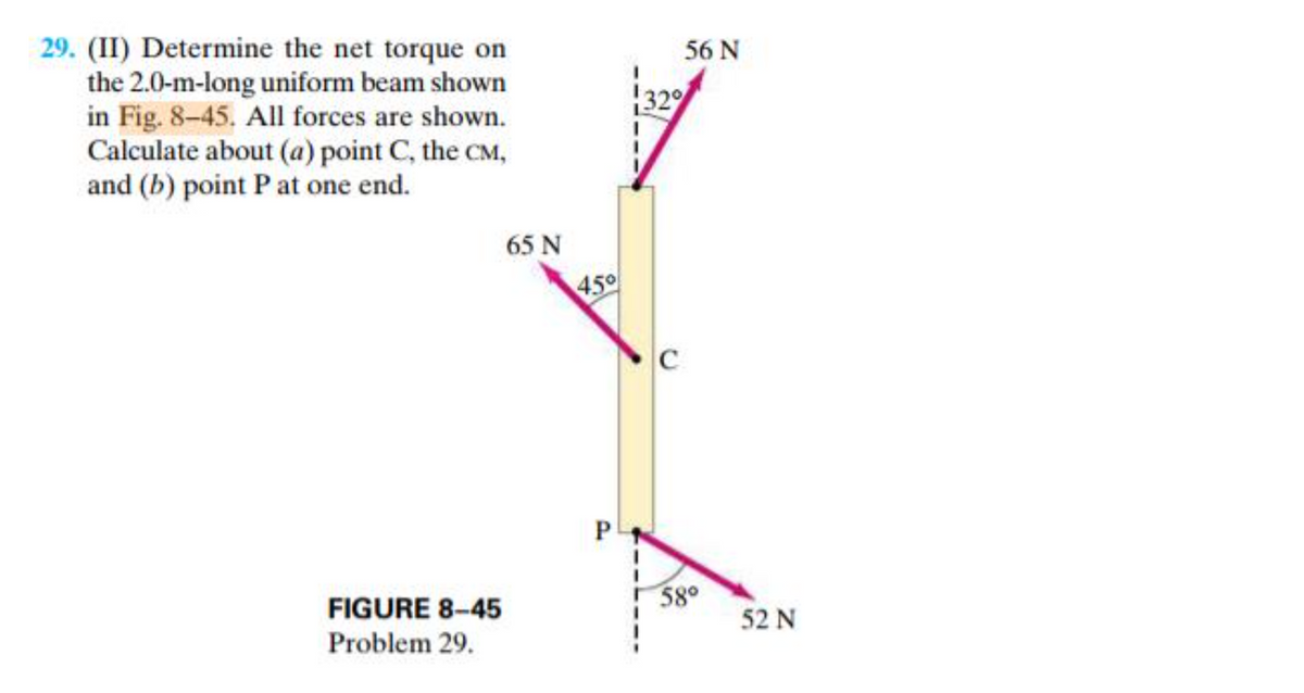 29. (II) Determine the net torque on
the 2.0-m-long uniform beam shown
in Fig. 8-45. All forces are shown.
Calculate about (a) point C, the CM,
and (b) point P at one end.
56 N
32
65 N
45
P
58°
FIGURE 8-45
52 N
Problem 29.
