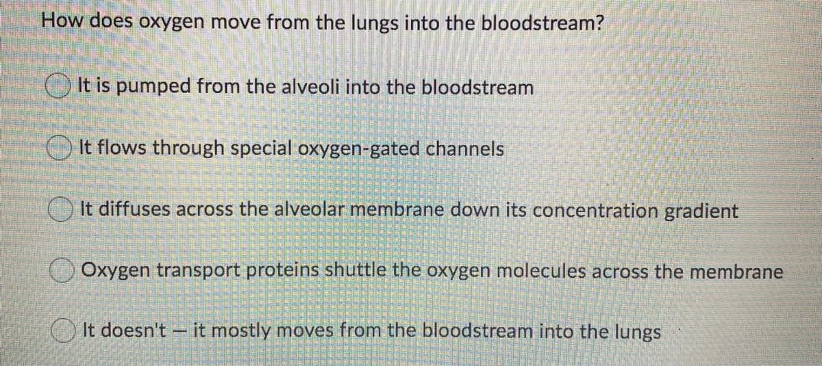 How does oxygen move from the lungs into the bloodstream?
O It is pumped from the alveoli into the bloodstream
O It flows through special oxygen-gated channels
It diffuses across the alveolar membrane down its concentration gradient
O Oxygen transport proteins shuttle the oxygen molecules across the membrane
O It doesn't - it mostly moves from the bloodstream into the lungs
