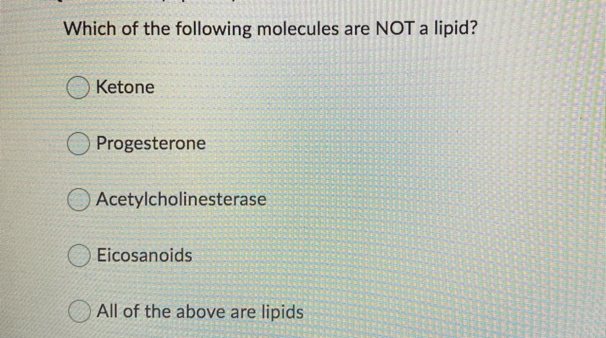 Which of the following molecules are NOT a lipid?
Ketone
Progesterone
Acetylcholinesterase
Eicosanoids
All of the above are lipids
