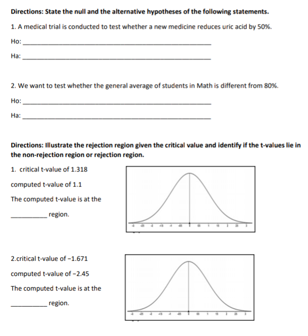 Directions: State the null and the alternative hypotheses of the following statements.
1. A medical trial is conducted to test whether a new medicine reduces uric acid by 50%.
Но:
На:
2. We want to test whether the general average of students in Math is different from 80%.
Ho:
На:
Directions: Illustrate the rejection region given the critical value and identify if the t-values lie in
the non-rejection region or rejection region.
1. critical t-value of 1.318
computed t-value of 1.1
The computed t-value is at the
region.
2.critical t-value of -1.671
computed t-value of -2.45
The computed t-value is at the
region.
